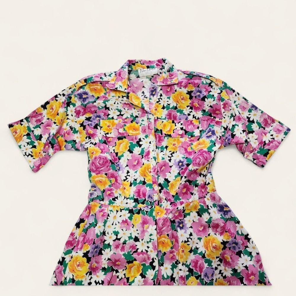 Floral Shirt Dress Vintage 80s Fit Flare Size 6 Pink Yellow Kentucky Derby - Picture 2 of 9